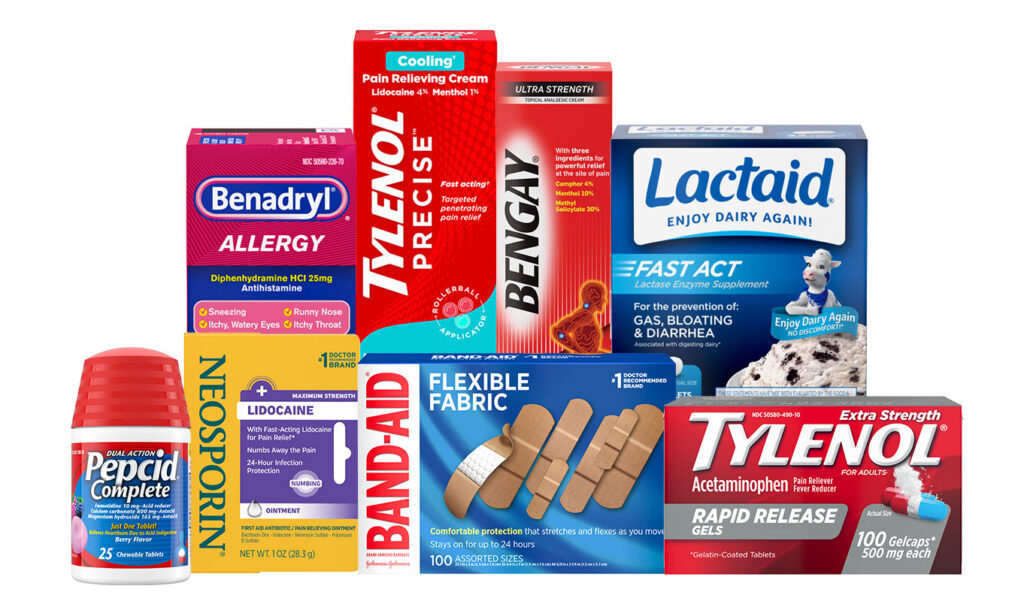 BAND AID, Benadryl Bengay Lactaid Neosporin Lidocaine Pepcid Tylenol 1