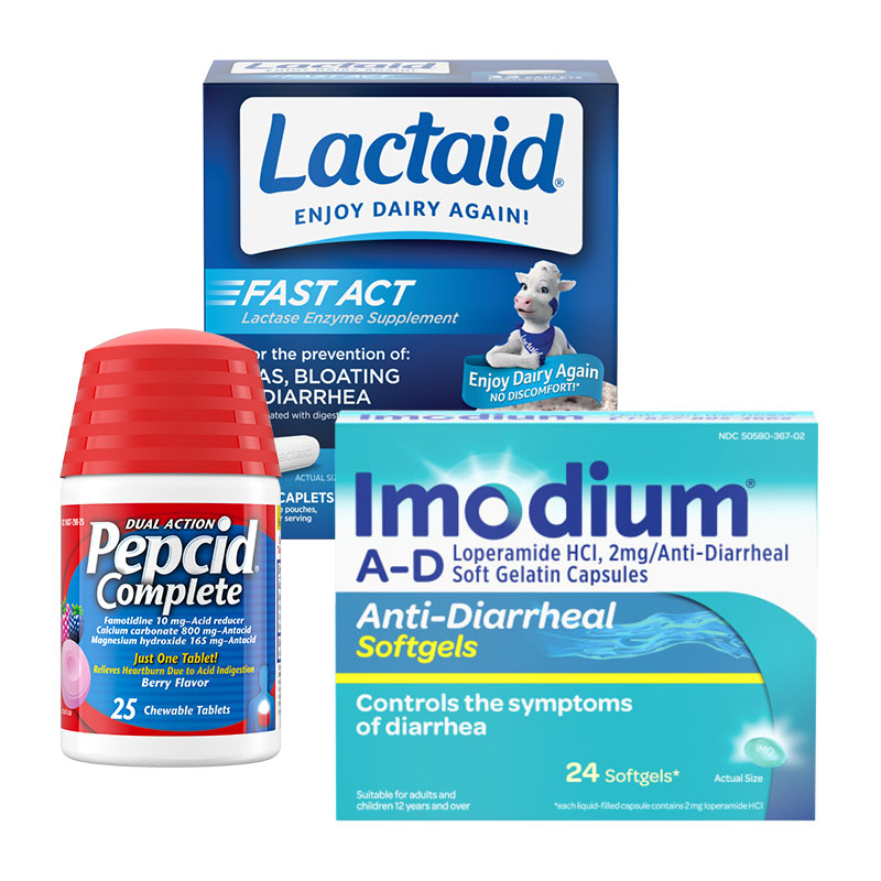 Imodium A D Softgels+Lactaid Caplets+Pepcid Complete ChewablE 1
