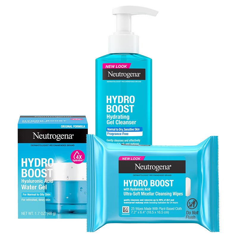 Neutrogena Hydro Boost Hydrating Gel Cleanser, Hyaluronic Acid Cleansing Wipes, Hyaluronic Acid Water Gel 1