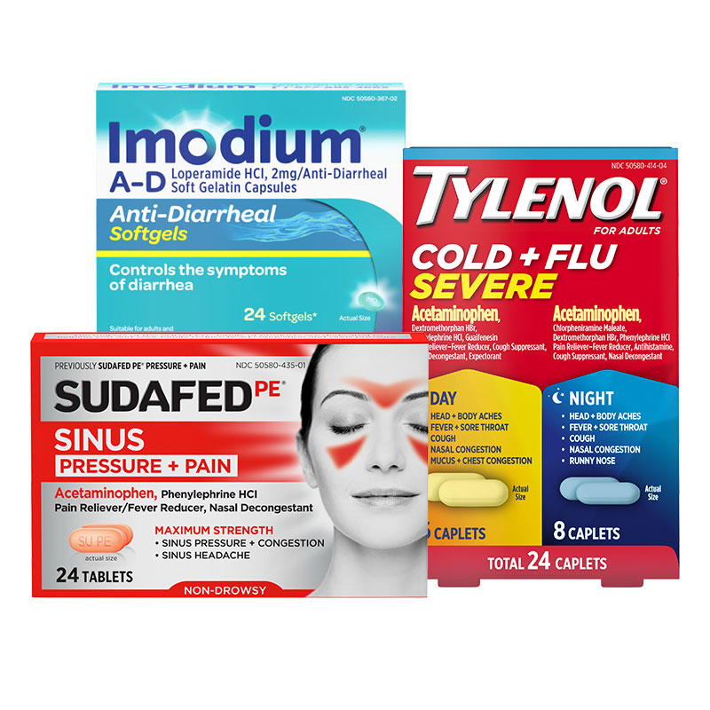 Tylenol Cold + Flu Sudafed PE Sinus Imodium A D 1